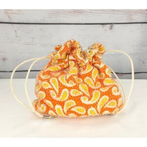 Vintage Reversible Beaded 1960's Drawstring Floral Paisley Pouch Purse